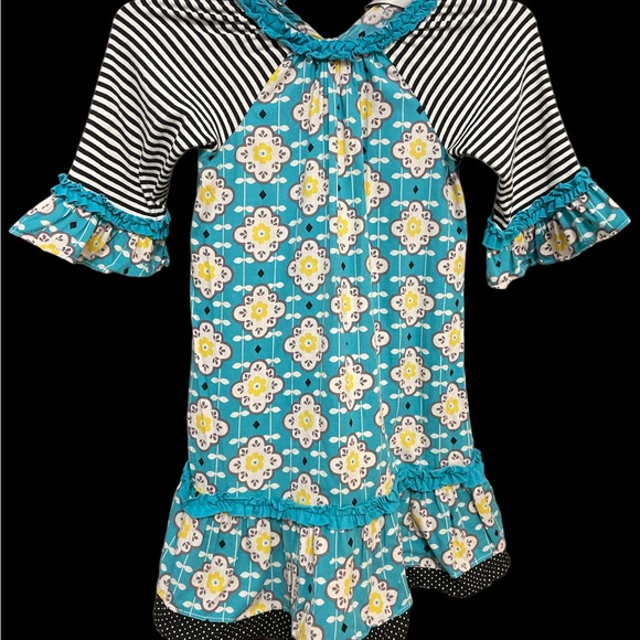 Rare Editions blue yellow black striped ruffled twirl long sleeve dress sz 6 sl - Picture 2 of 7